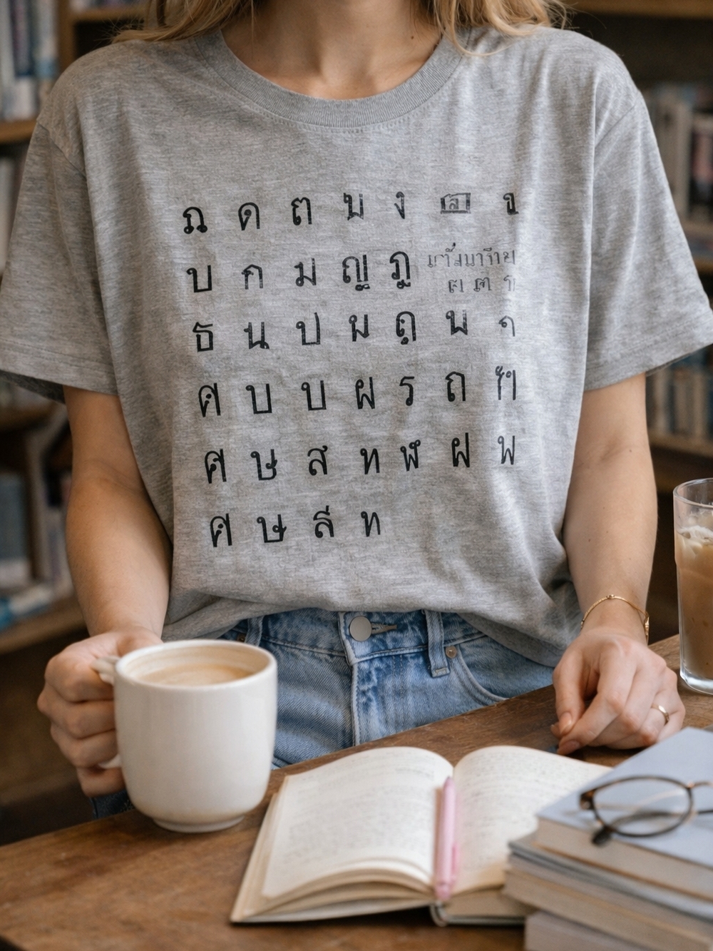 Pimmy Gray Thai Alphabet Graphic Tee M Minimalist Script Artsy Indie Soft Norm